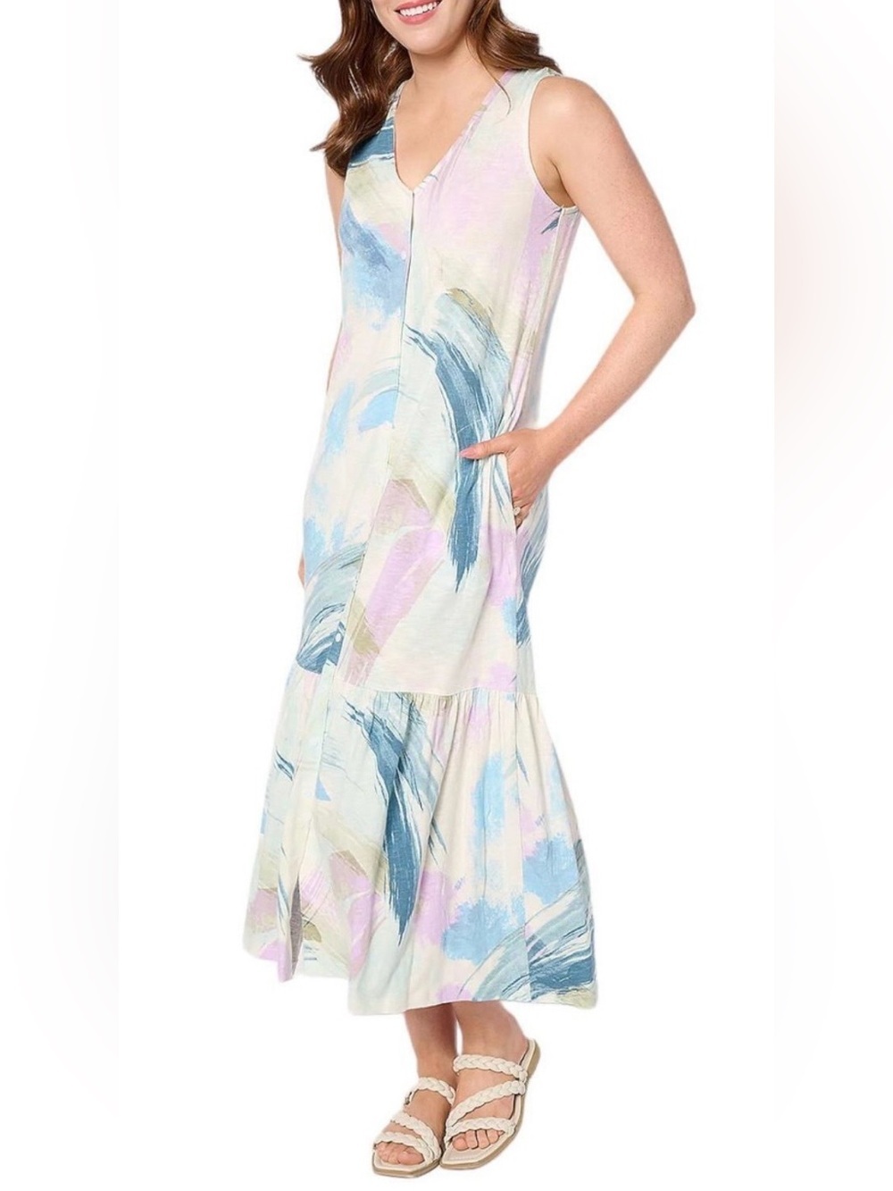 Denim&Co Pastel Brushstroke Maxi Dress - White, Blue, Purple